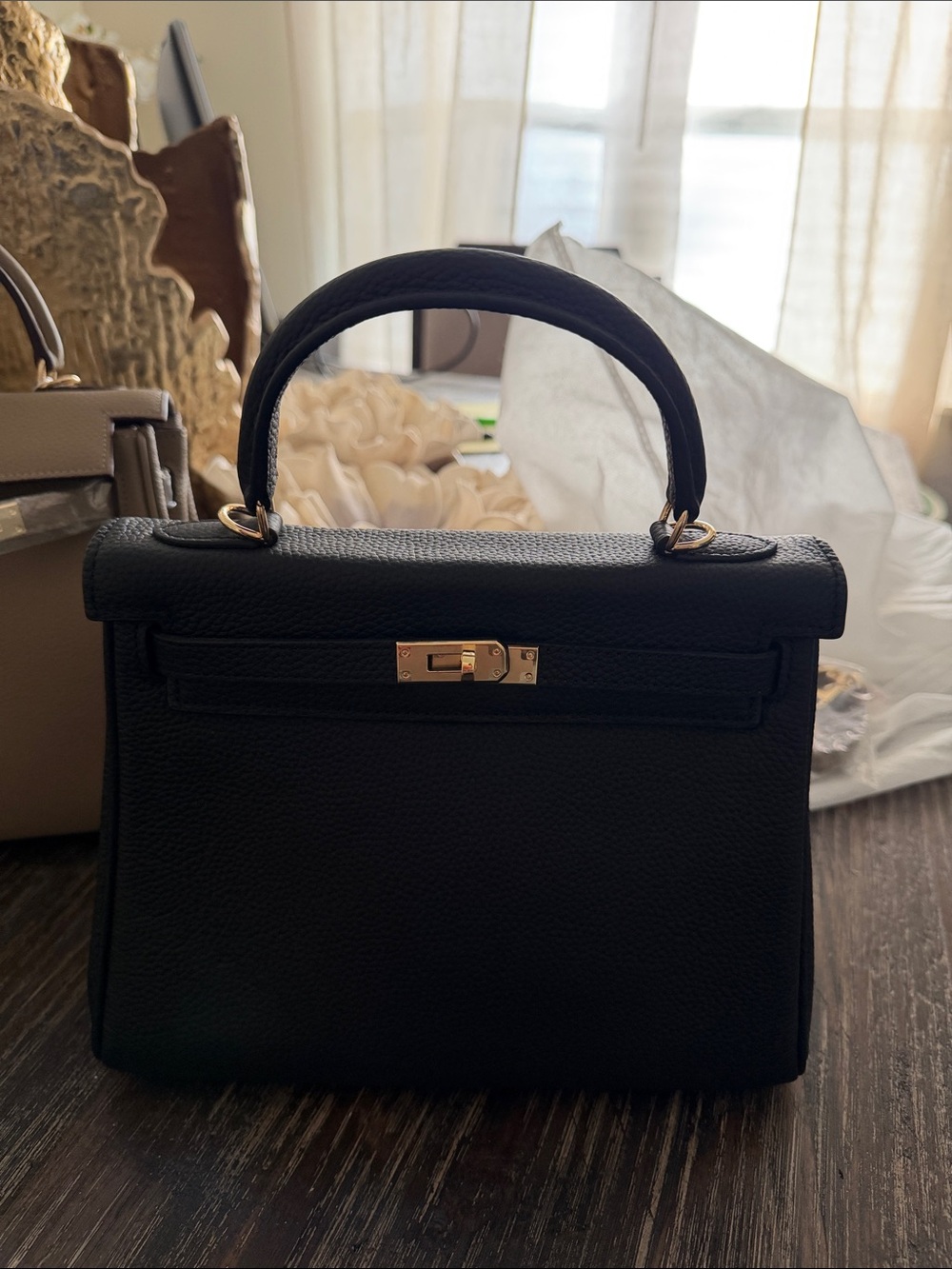 Black Structured Top-Handle Women's Bag with Gold Hardware